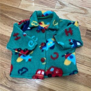 Vibrant Green Fleece Button Up Jacket with Fun Prints